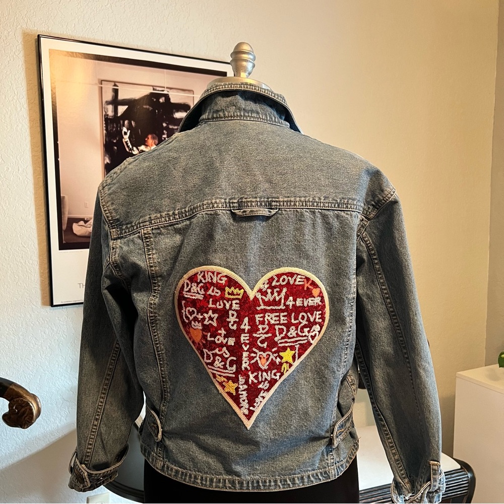 NWT Trucker ❤️ Sequin Heart Handmade One of a Kind Jean Jacket Petite